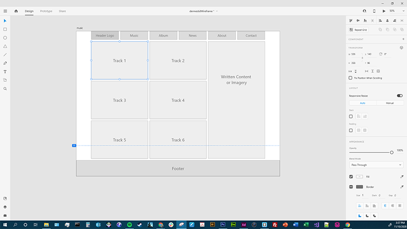 Music Page Wireframe in Adobe XD